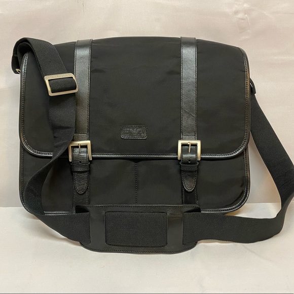 EMPORIO ARMANI Messenger Shoulder Crossbody Bag Laptop Black Nylon/Leather Trim